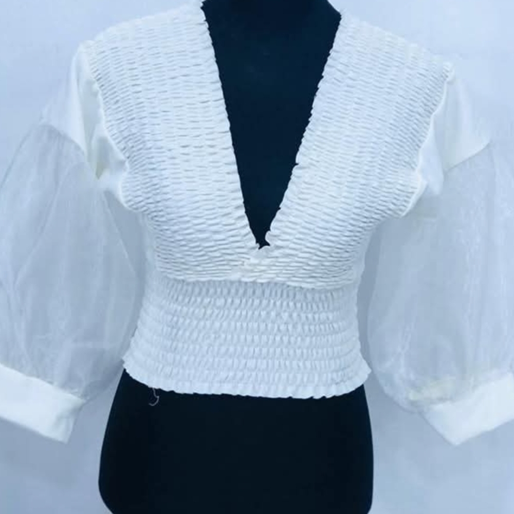 Nasty Gal White Textured Blouse with Sheer Sleeves